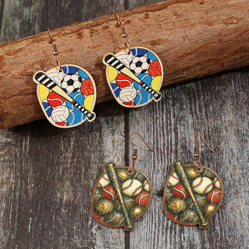 Wholesale Wooden Baseball Print Earrings Sports-Themed Fashion Accessory for Women