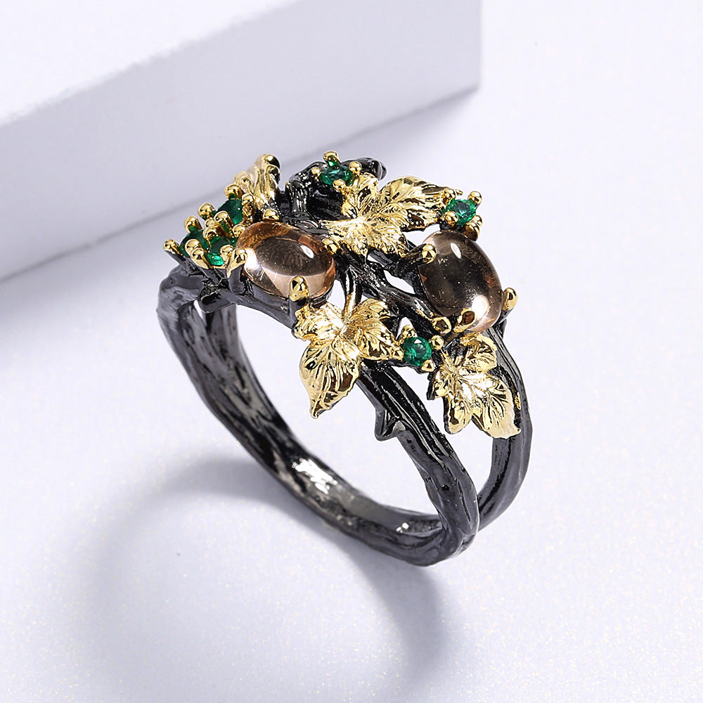 Wholesale inlaid colored gemstones plant flowers black gold double color  ring