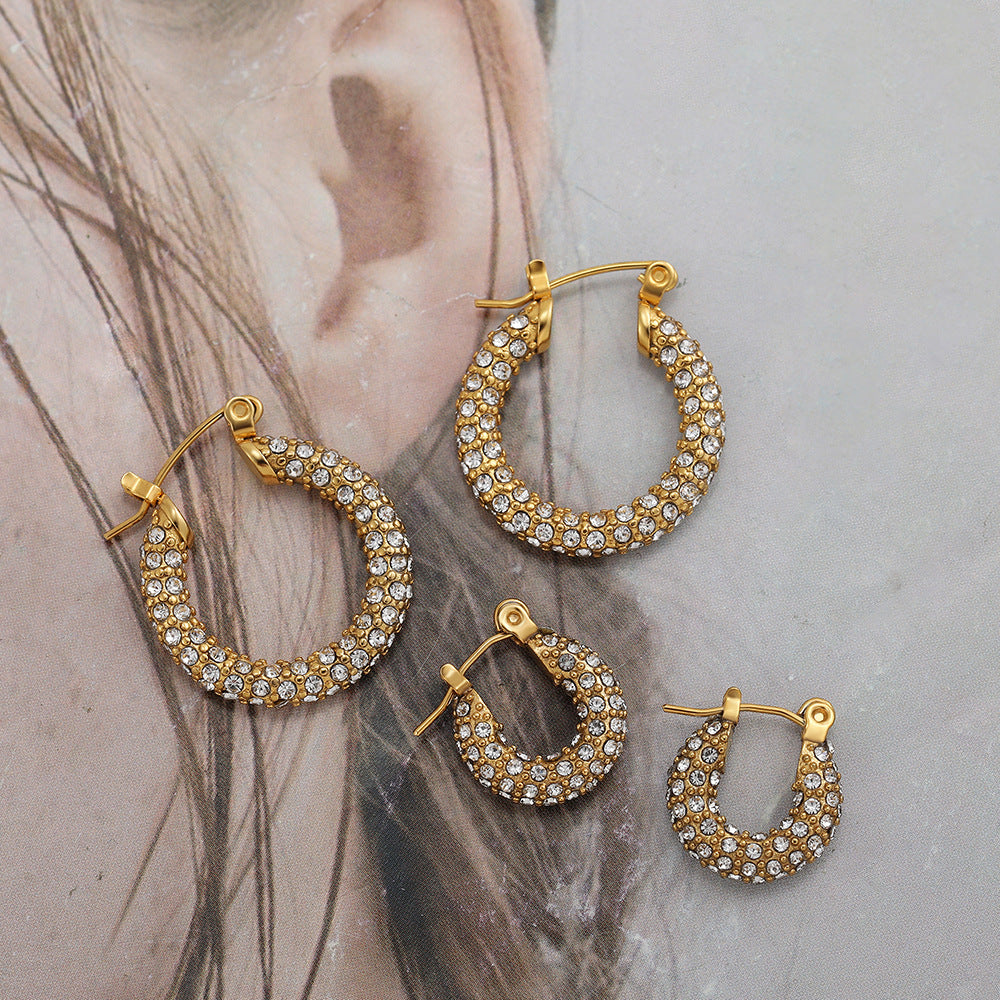 Wholesale  Stainless Steel Plated 18K Gold Kink Earrings with Diamond Twist Pearl Exaggerated Full Diamond Ear Ring