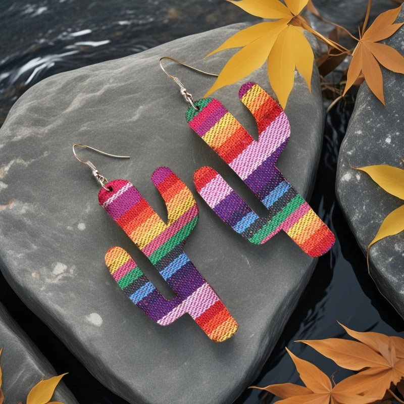 Wholesale Colorful Striped Cactus Mexican Wood Double Sided Earrings