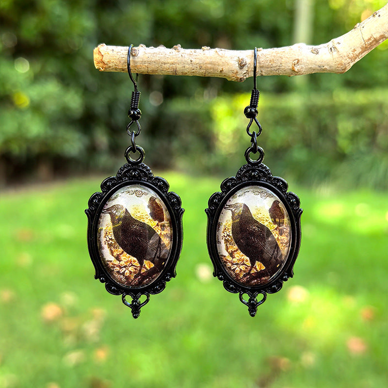 Wholesale Halloween Black Crow Time Gemstone Pendant Earrings