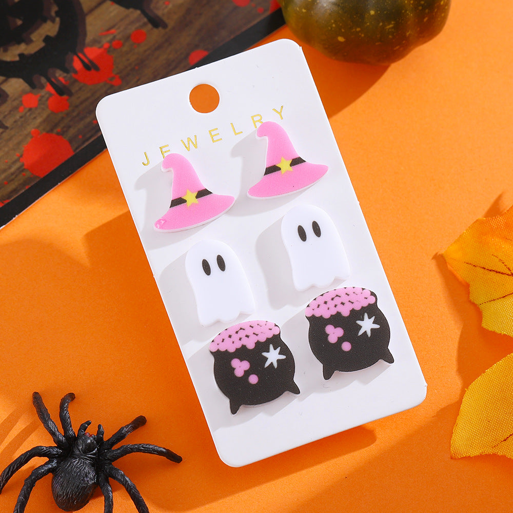 Wholesale  Cute Witch Hat Ghost Magic Cylinder Halloween Earrings Set