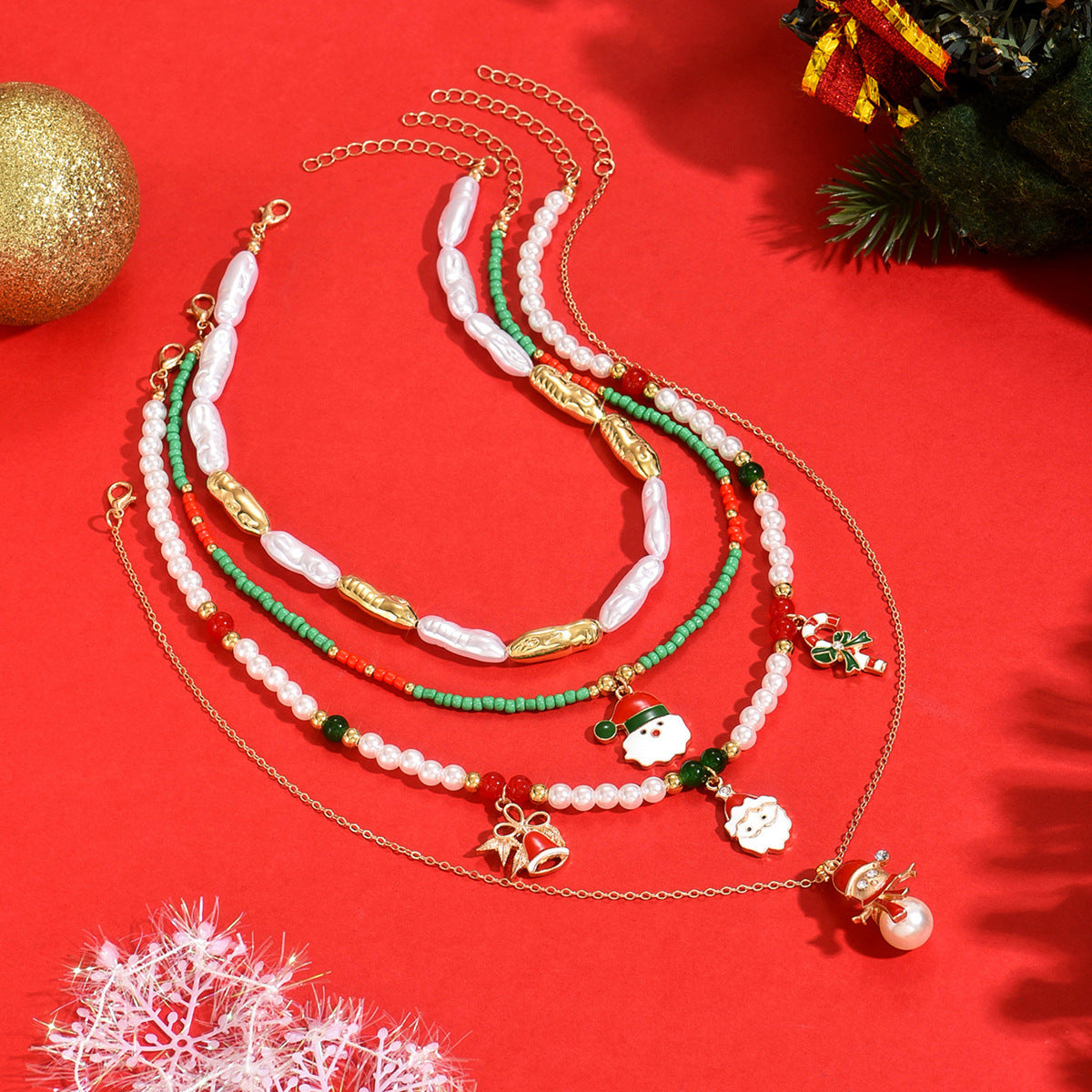 Wholesale Christmas Layering Necklace with Snowman Bell Pendant,  Zinc Alloy Jewelry Accessory for Boutique Resale