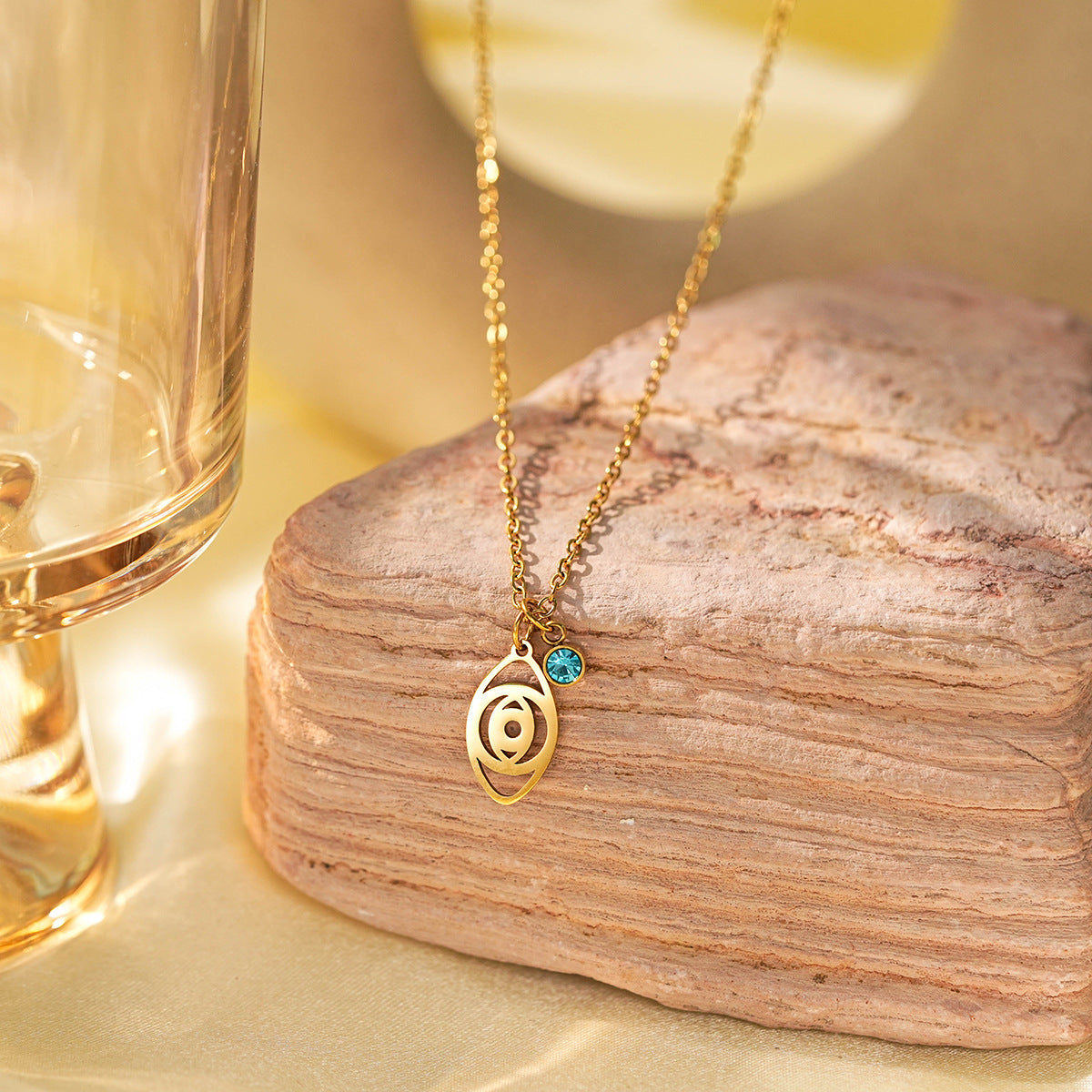 Wholesale Titanium Steel  Classic Twelve Constellations Birthstone Rhinestone Devil's Eye Cross Necklaces