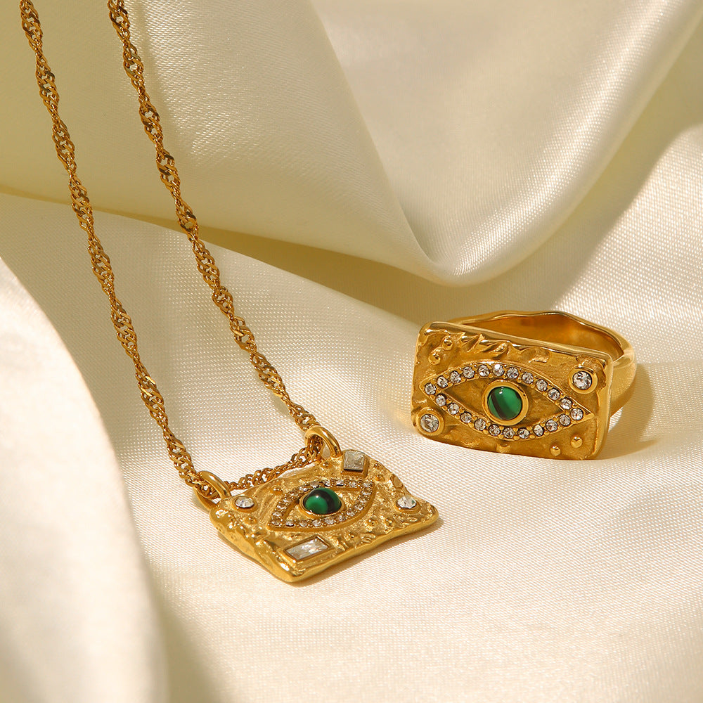 Wholesale 18K Gold Plated Inlaid Zircon Green Malachite Lava Square Devil Eye Stainless Steel Ring ACC-RS-JieDing002