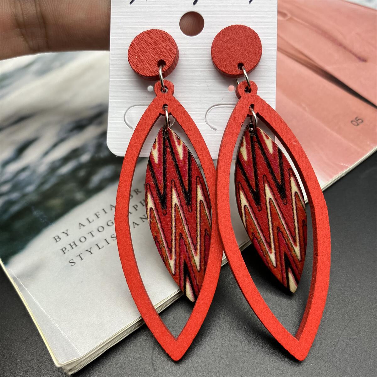 Wholesale Exaggerated Red Wood Leaf Vintage Earrings ACC-ES-FX067