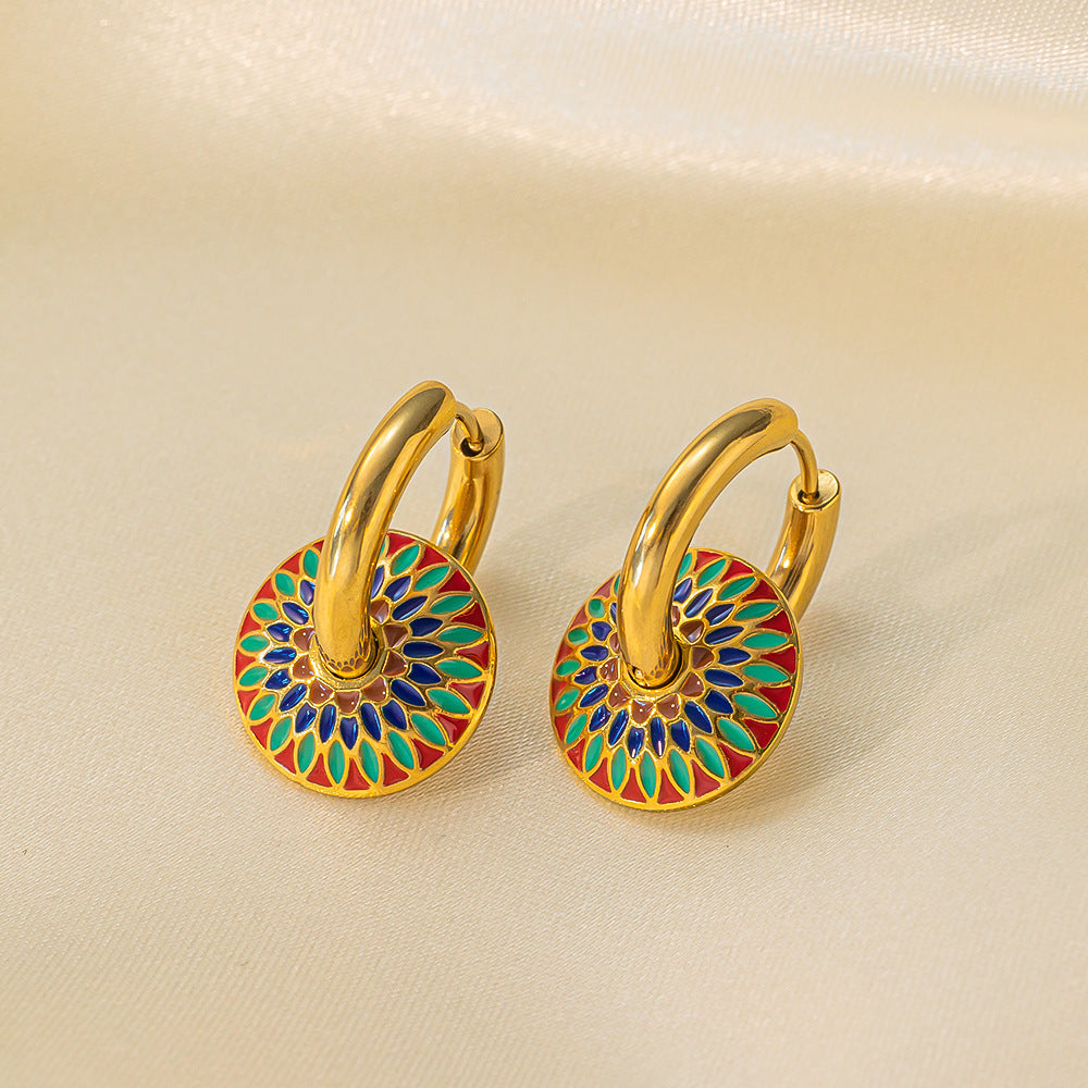 Wholesale Retro Light Luxury Necklaces Drip Glaze Daisy Titanium Steel Necklace Earrings Set ACC-NE-Tais009