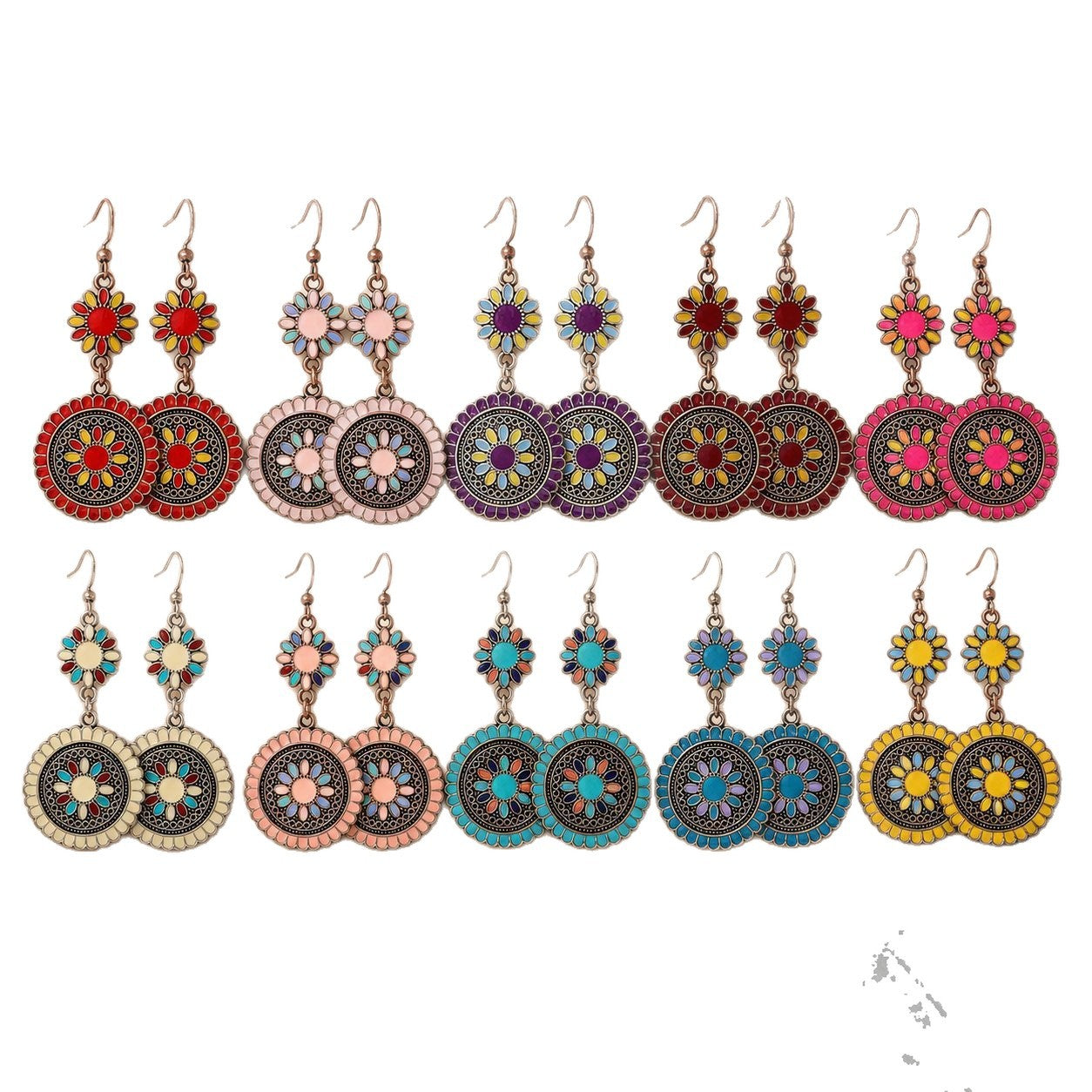 Wholesale Bohemian Geometric Round Oil Drop Earrings Bronze Red Alloy Flower Design Boutique Resale Jewelry Accessory