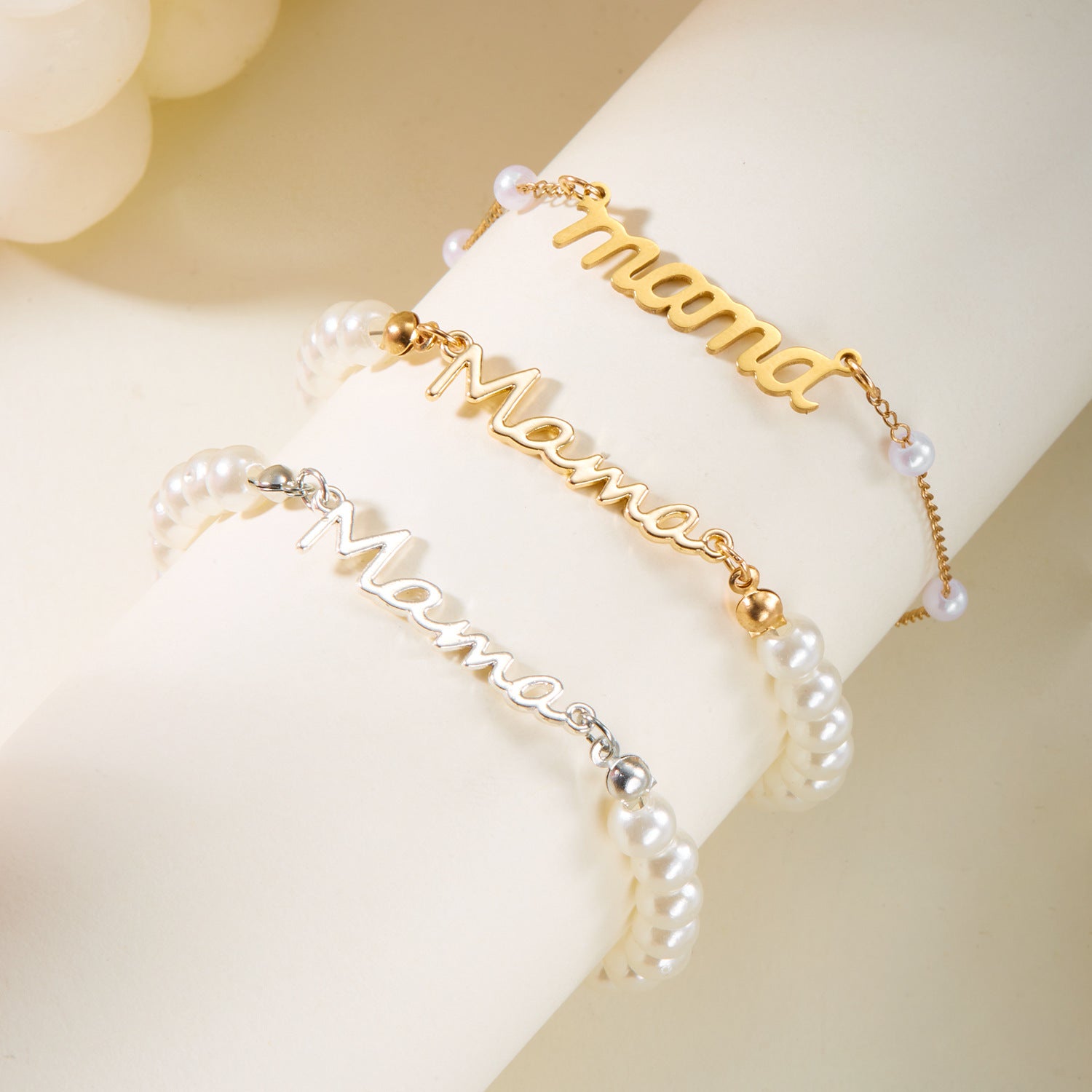 Wholesale Mother's Day Letters Mama Pearl Necklace Bracelet suit