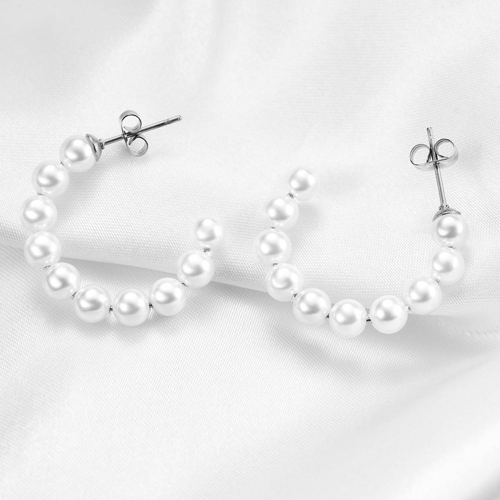 Wholesale Titanium Steel Light luxury pearl C-shaped earrings