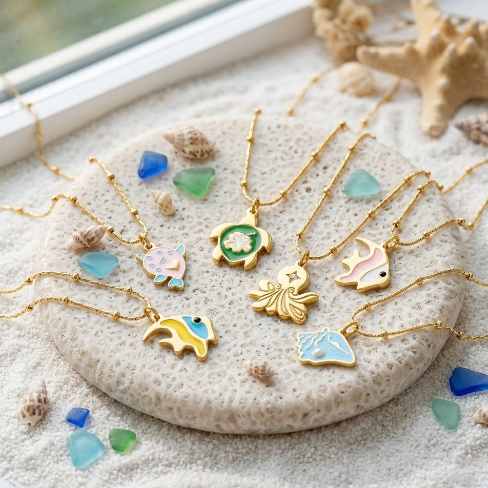 Wholesale Ocean Style Titanium Steel   Enamel Sea Turtle and Starfish Necklace