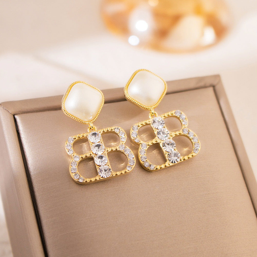 Wholesale Silver Needle French Zircon Letter Pearl Earrings