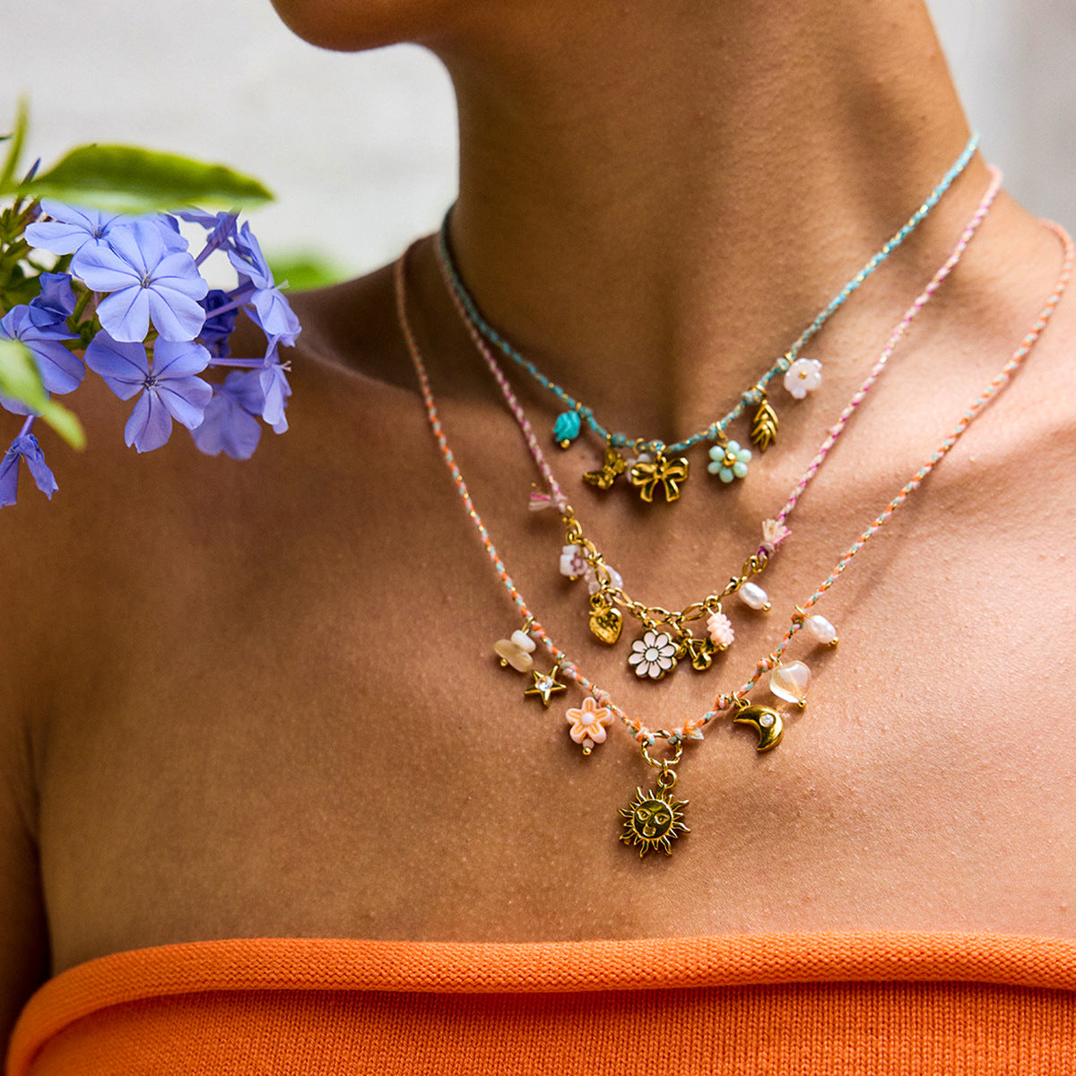 Wholesale 18K Gold Stainless Steel Pearl Shell Pink Oil Dripping Flower Cherry Necklace