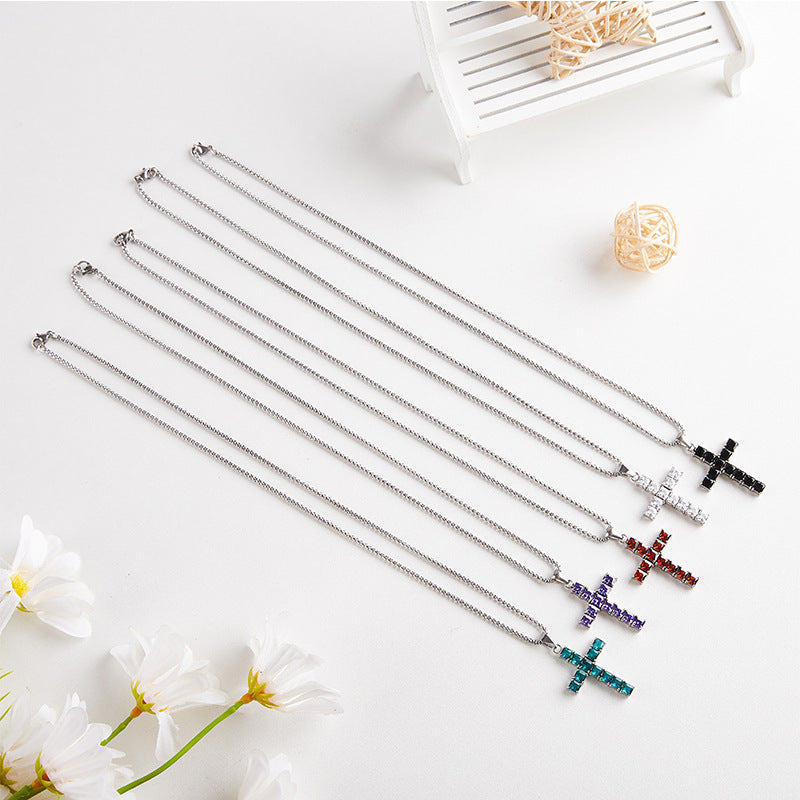 Wholesale Titanium Steel Square Cross Zircon Pendant Necklace