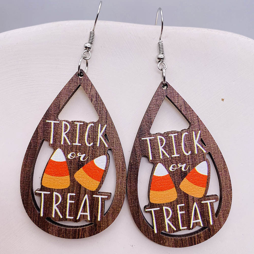 Wholesale Ghost Wooden Earrings Pumpkin Spider Skull Bat Water Drop Wooden Earrings