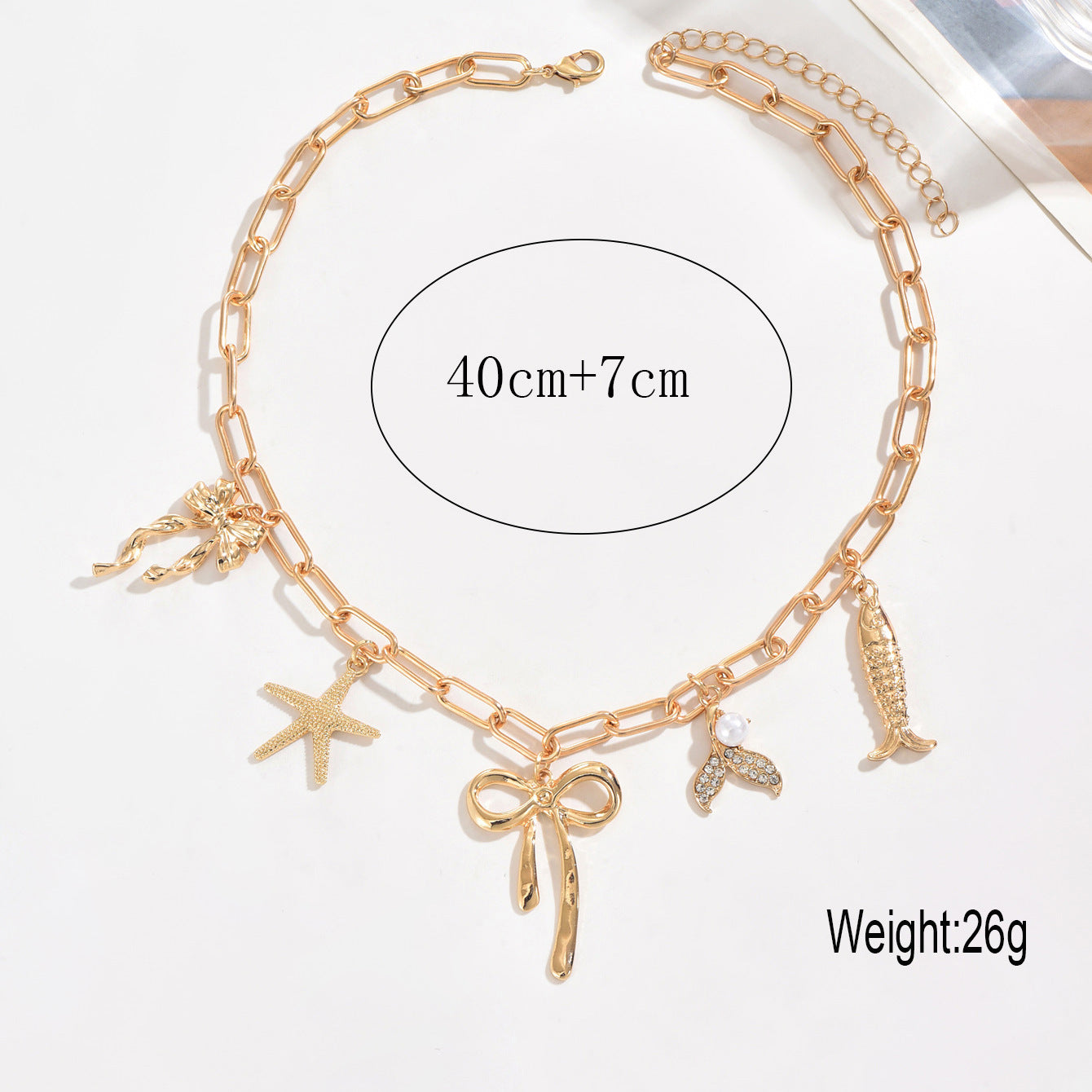 Wholesale diamond-encrusted fish tail five-pointed star  bow multi-pendant necklace