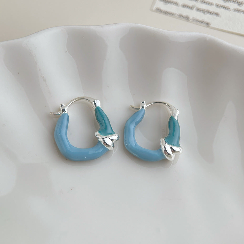 Wholesale Copper Blue Enamel Drip-Glazed Flower Earrings,  Fresh Floral Pearl Studs,  Fashion Accessory