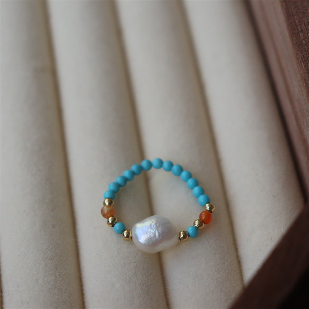 Wholesale Vintage Contrast Turquoise Agate Pearl Stretch Ring