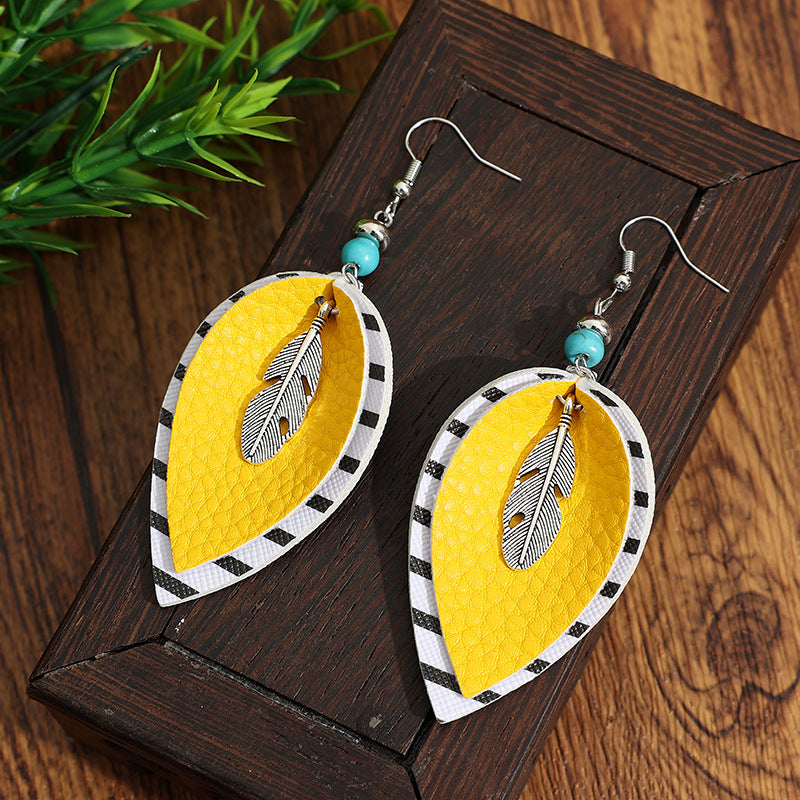 Wholesale Bohemian-Style Bright Yellow Color-Block Striped Leather Earrings