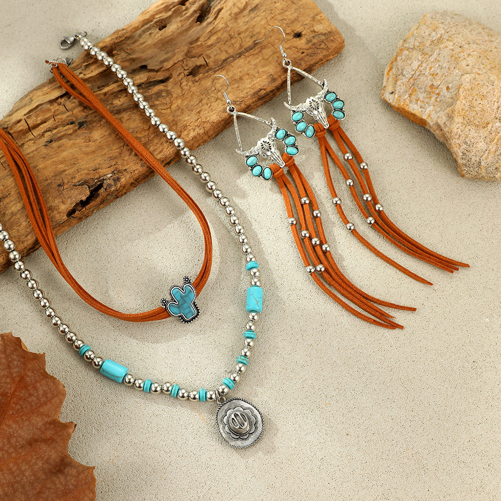 Wholesale Vintage Western Cowboy Cactus Turquoise Earrings and Clavicle Necklace Set