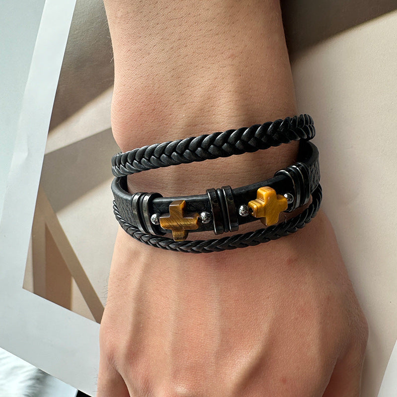 Wholesale Leather Bracelets Men's Tiger Eye Stone Bracelet Cross Bracelet ACC-BT-Yima014