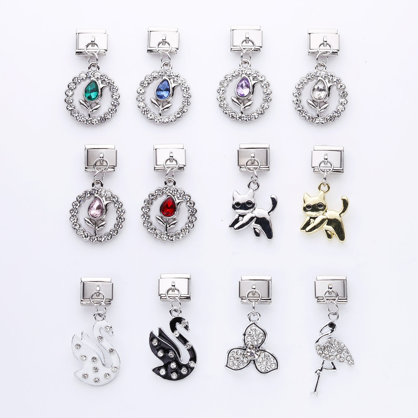 Wholesale 10pcs Tulip Cat Swan Alloy Pendant Italian Module DIY Stainless Steel Bracelet Accessories