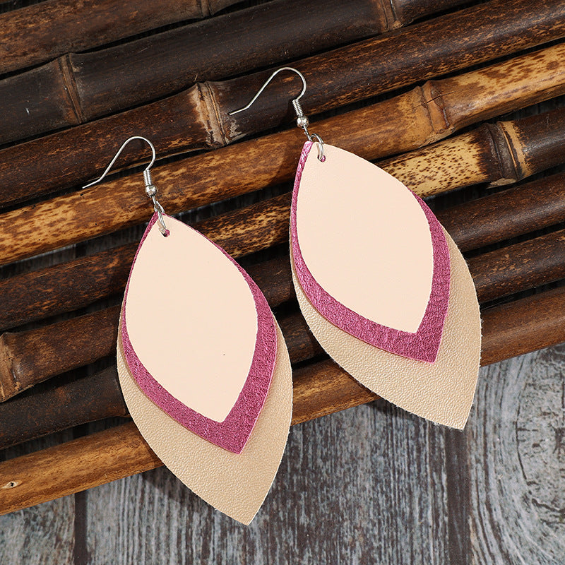 Wholesale Retro Geometric Multi-Layered Colorful Leather Leaf Earrings for Everyday Wear Jewelry Accessory