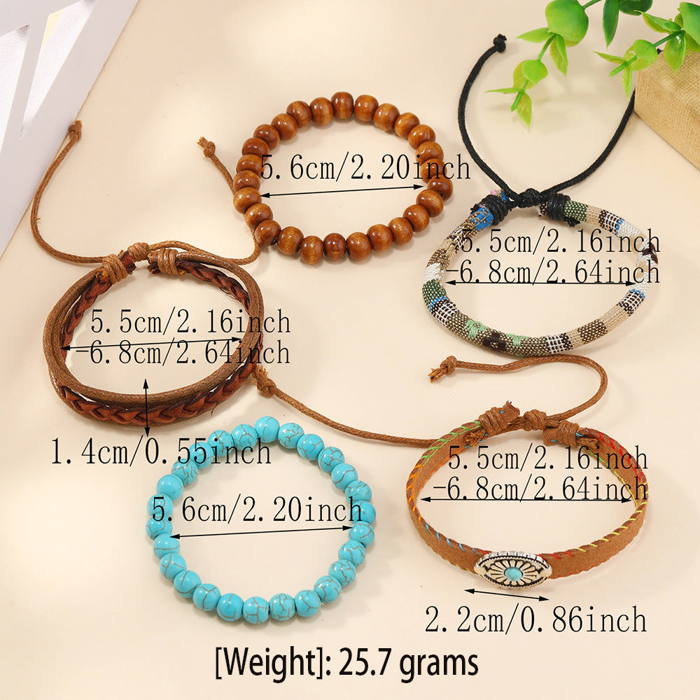Wholesale Bohemian Flower Style Turquoise Beaded Wooden Beads Five-piece Bracelet