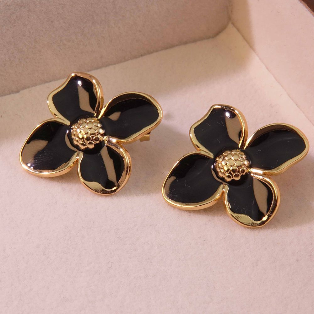 Wholesale  Retro Palace Flower Glaze Four-petal Flower Stainless Steel Earrings