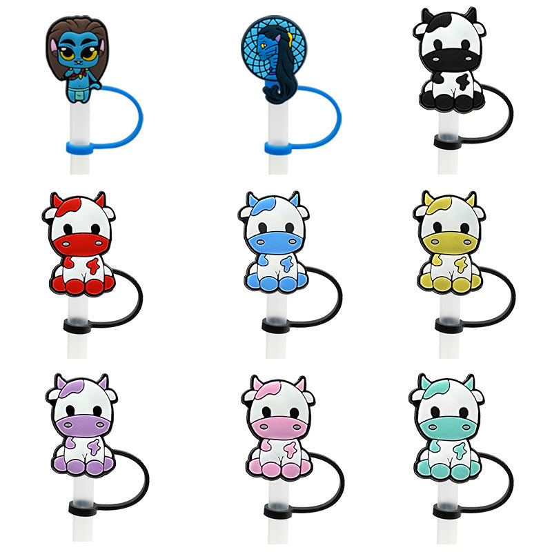 Wholesale 10PCS 7-8mm Cartoon Cow Milk Box Silicone Dustproof Straw Stopper Straw Tube Cap