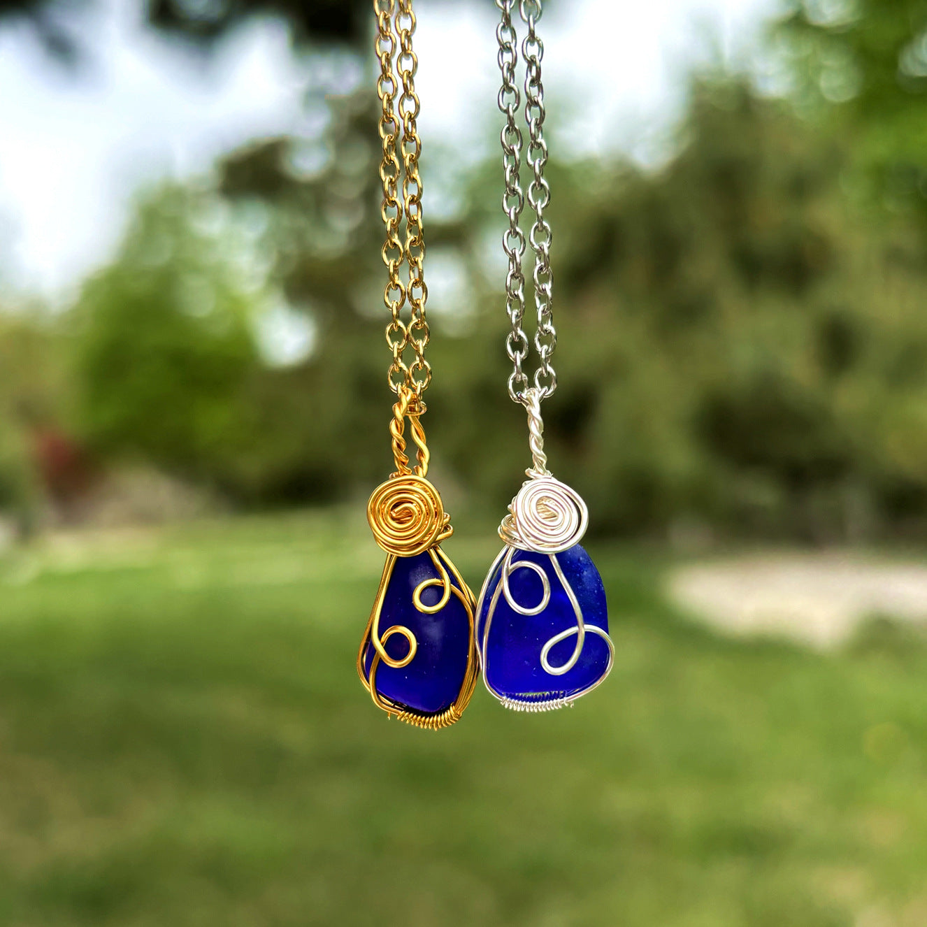 Wholesale Hand Wound Sea Glass Blue Necklace Pendant Crystal Natural Stone Crystal Mesh Bag ACC-NE-RongGuan012