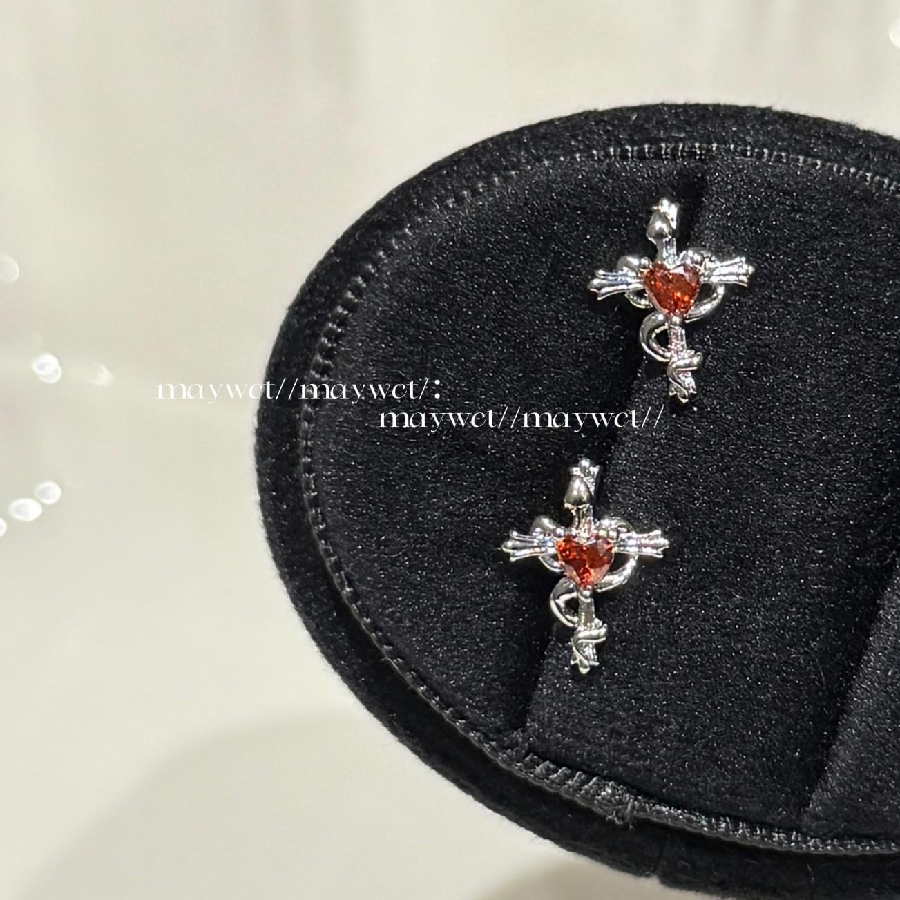Wholesale Titanium Steel Red Snake Wrapped Around the Cross Heart Earrings