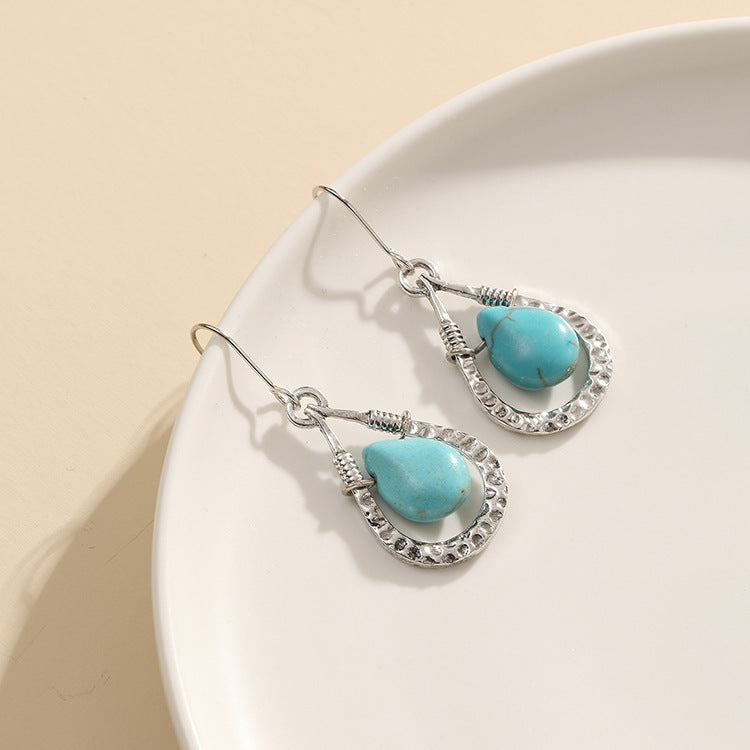 Wholesale Electroplated Zinc Alloy Hollow Turquoise Drop Earrings Bohemian Party Wear