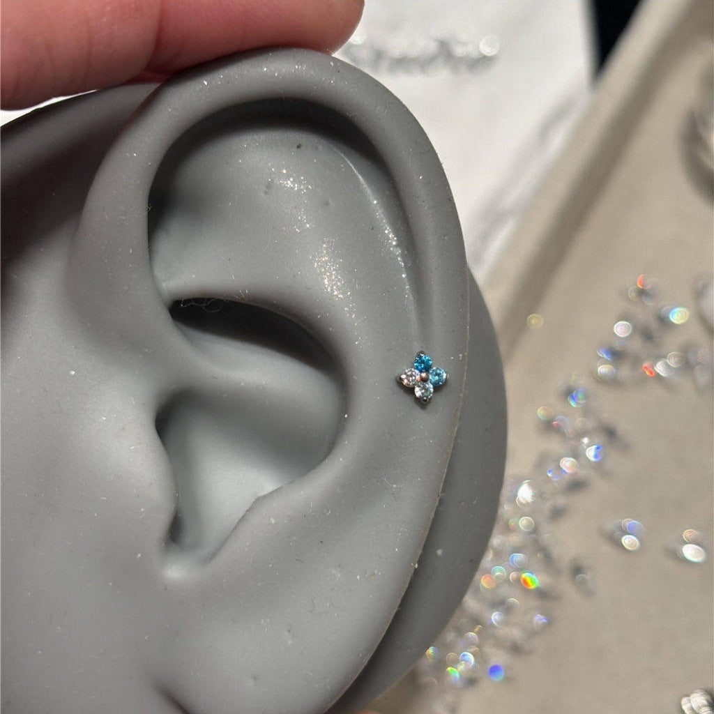 Wholesale Gradient Blue White Zircon Mini Four-leaf Clover Ear Bone Nail Titanium Steel Screw Earring