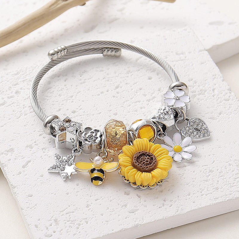 Wholesale  Sunflower Oil Painting Bee Butterfly  Stainless Steel Open Bracelet