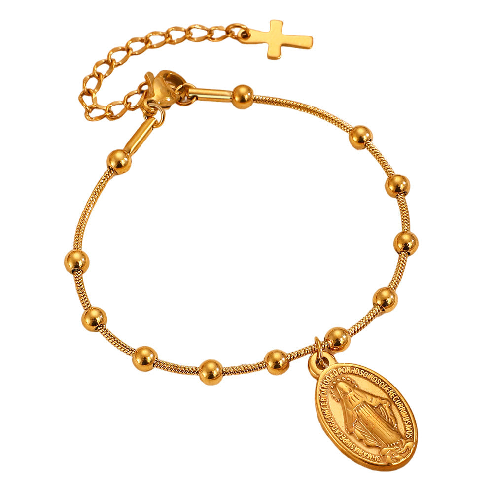 Wholesale Beaded Bracelet With Vintage Maria Cross Oval Pendant Stainless Steel Fashion Accessory For Women Everyday Wear
