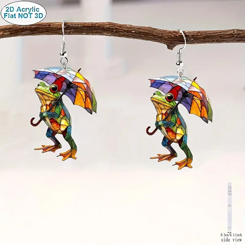 Wholesale  Rainbow Frog with Umbrella Flat 2D Acrylic Earrings