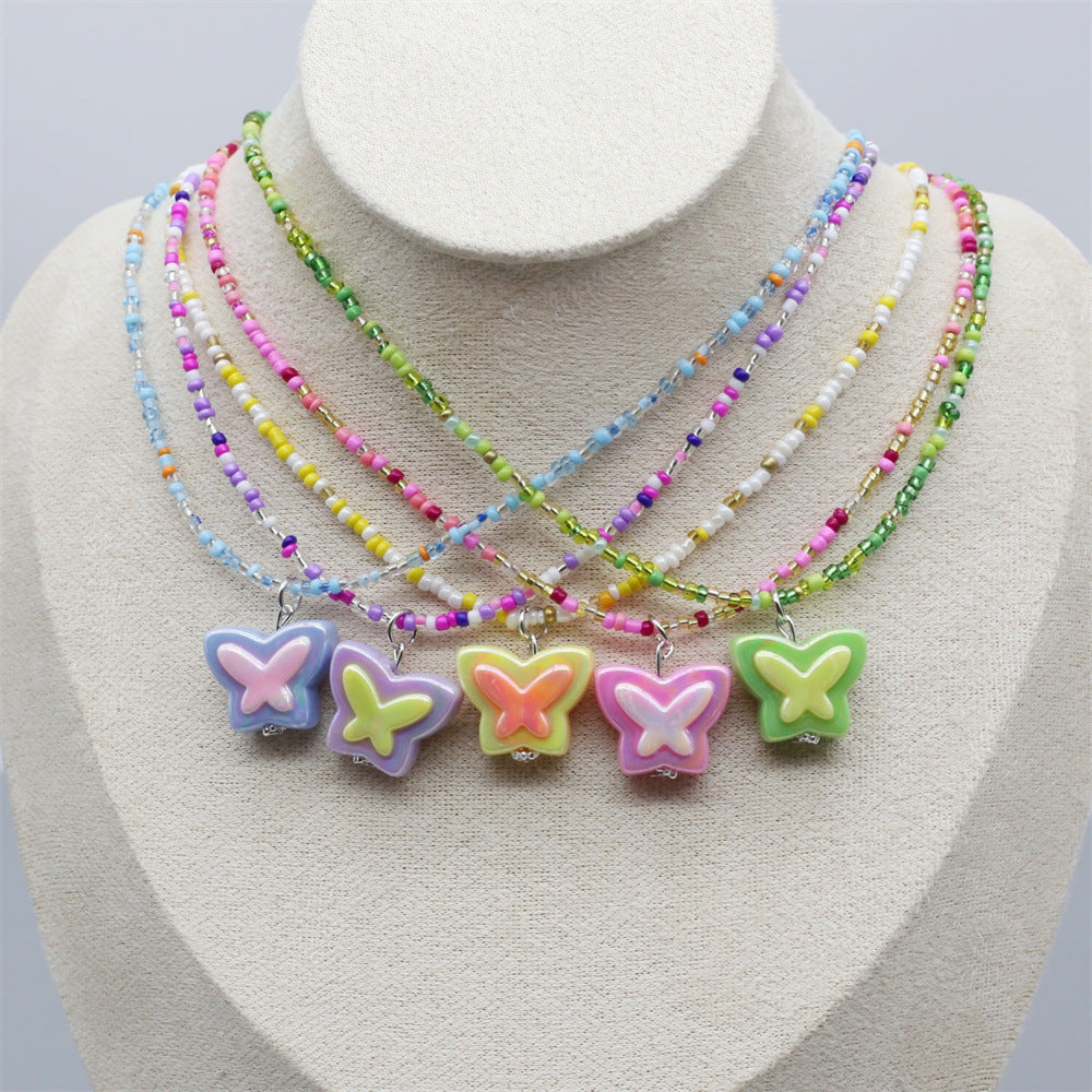 Wholesale Chic Gray Beaded Butterfly Pendant Collarbone Necklace Handmade Women S Fashion Jewelry Accessory For Resale