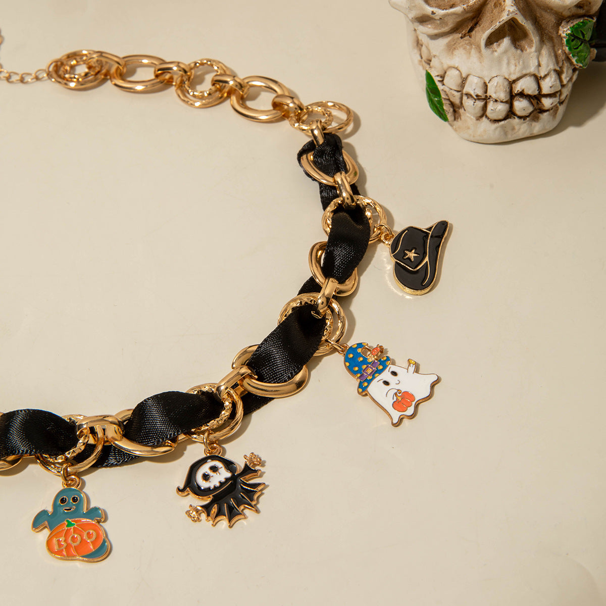 Wholesale Leather patchwork oil drip ghost  clavicle necklace