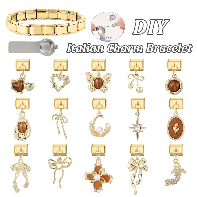 Wholesale Stainless Steel DIY Charm Bracelet Pendant with Gold Heart and Flowers Jewelry Accessory