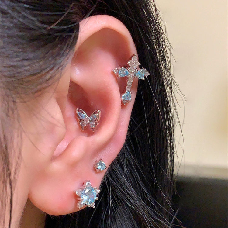 Wholesale Blue Butterfly Cross Zircon Titanium Steel Earrings