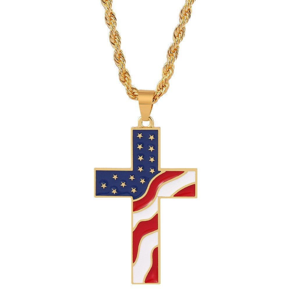 Wholesale Independence Day American Flag Cross Gold Plated Alloy Necklaces ACC-NE-Aya002