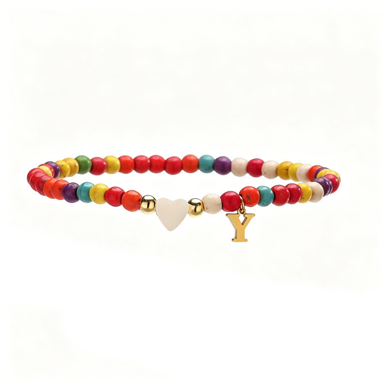 Wholesale Chic 26 Letter Heart Charm Bracelet Turquoise Rice Beads Handmade Women S Jewelry Gift