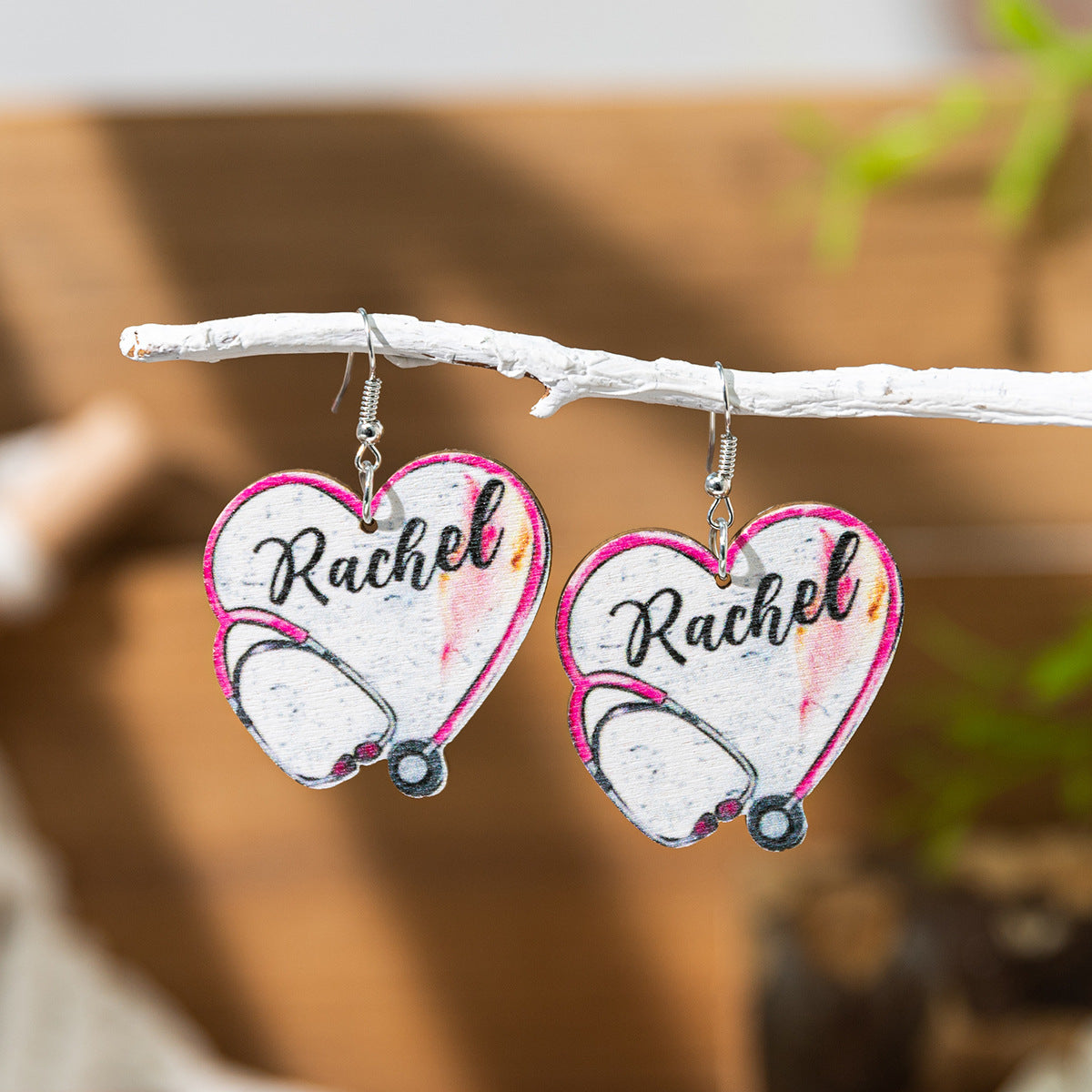 Wholesale Nurses Day Fun Needle-Shaped Stethoscope Printed Wooden Creative Earrings
