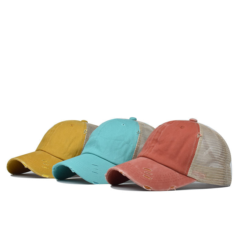Wholesale Fashion Distressed Ponytail Baseball Cap For Women Curved Brim Adjustable Mesh Sun Hat Outdoor