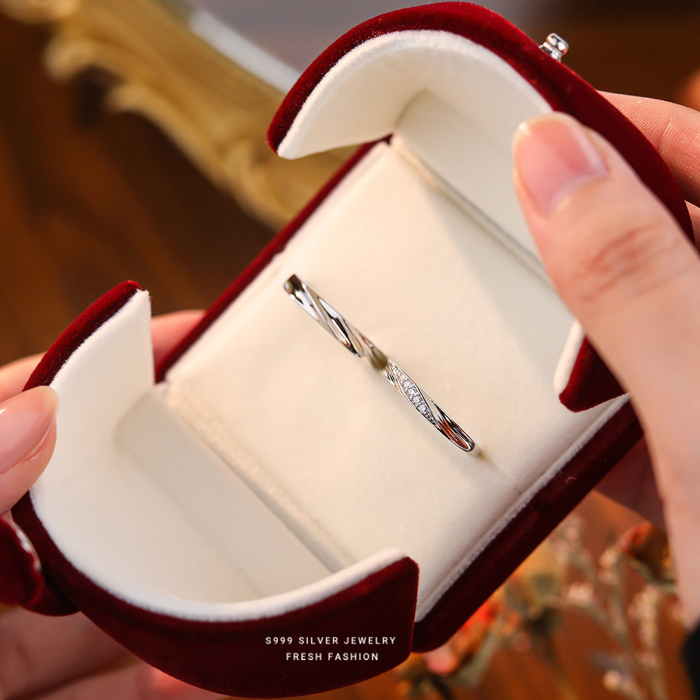 Wholesale s999 Foot Silver Love Simple Wave Micro-inlaid Zircon Couple Ring