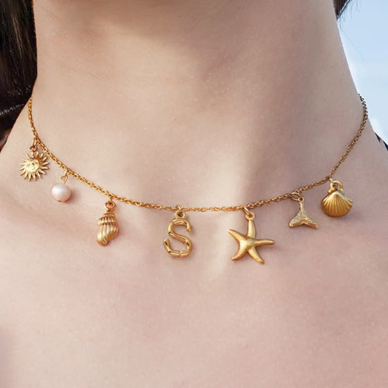 Wholesale Bohemian Shell Starfish Gold Electroplated Copper Alphabet Pendant Necklace for Women Fashion Accessory
