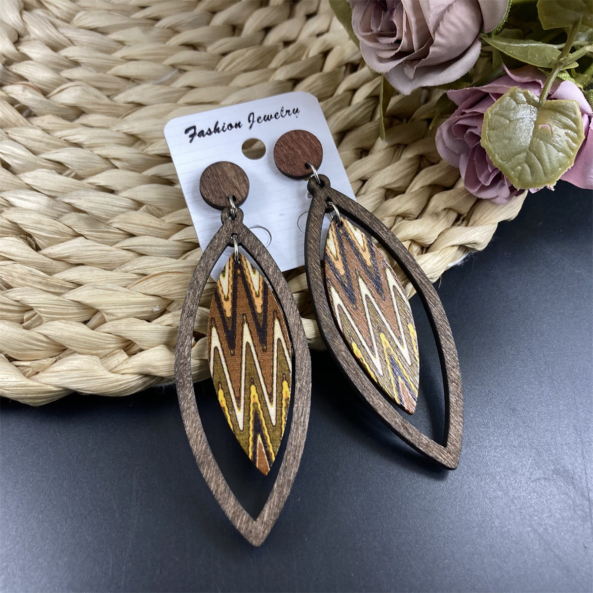 Wholesale Vintage Bohemian Geometric Wooden Leaf Earrings ACC-ES-FX012