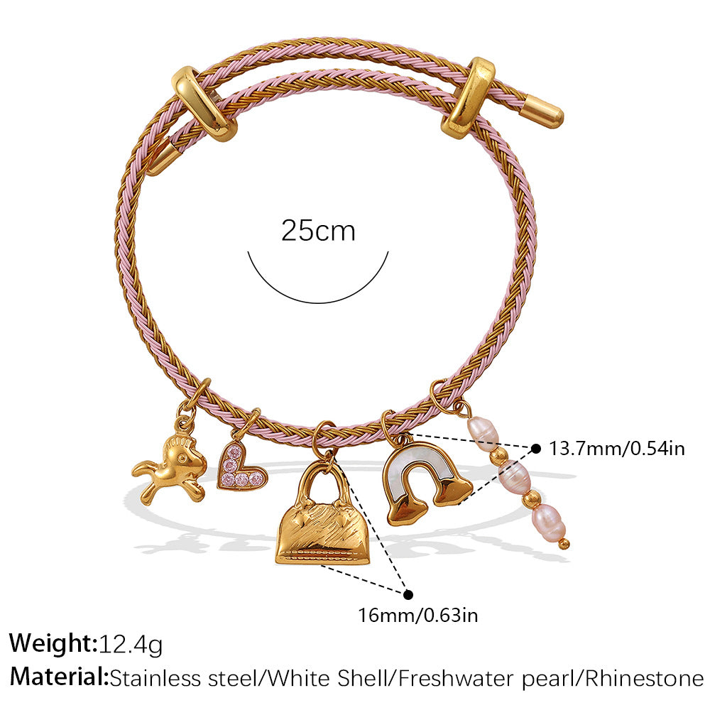 Wholesale Cross-Border European and American Popular Adjustable Rope Multi-Pendant Bracelet DIY Stainless Steel Plated 18K Gold Bracelet Accessible Luxury Model