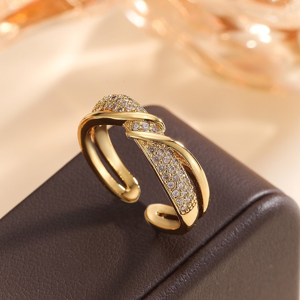 Wholesale Gold Copper Zircon Women S Double Layer Winding Ring Trendy Line Design Jewelry Accessory